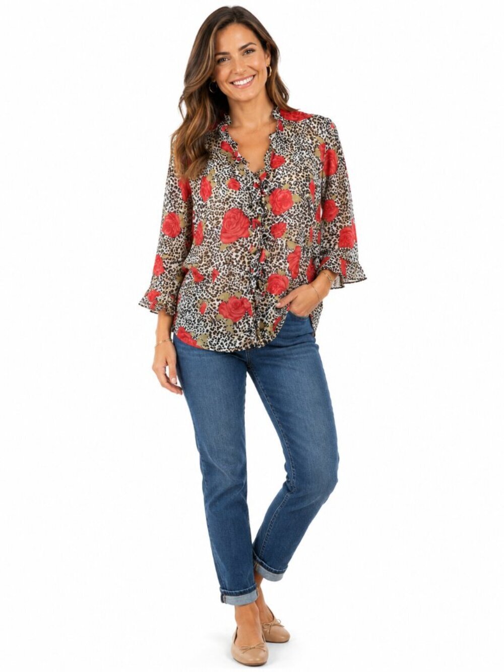Vintage Floral Animal Print Blouse Ruffled Size 14 Red Cottagecore Boho Retro